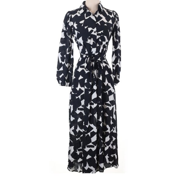 Zara Midi Dress Black & Cream Abstract Print Viscose Button Front Long Sleeve S - Picture 2 of 12